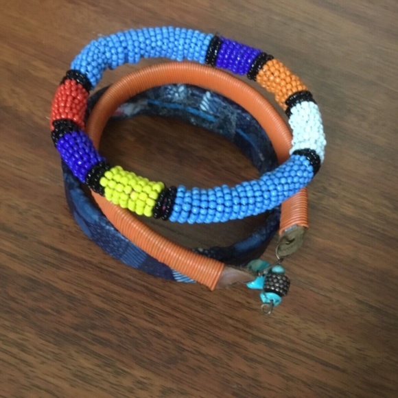 BUNDLE: African Patterned Beaded Painted Bangle Bracelet Trios (Multiple Colors) - Picture 11 of 12